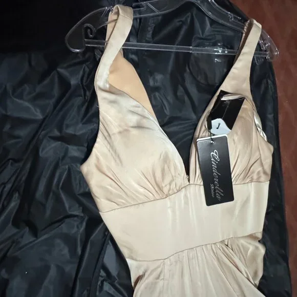 LADivine Bridesmaid 7469 V Neck High Slit Satin Flowy A-Line Dress - Picture 2 of 5